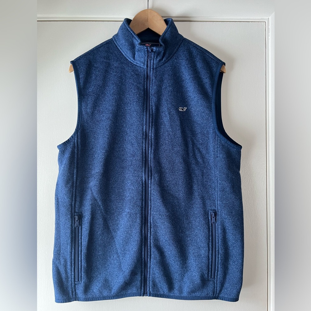 Vineyard Vines Zip Front Mountain Sweater Knit Vest Heather Blue Pockets Medium